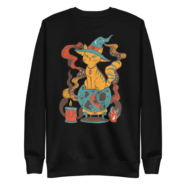 Golden cat wearing wizard hat and mystical robe on black cat sweatshirt with fortune elements