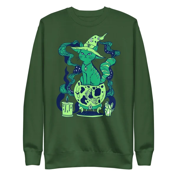Magical cat sweatshirt in forest green featuring mystical artwork with wizard hat, crystal ball, and glowing accents
