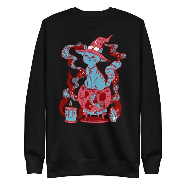 Pastel blue cat sweatshirt featuring a magical fortune cat design with red and blue illustration on black fabric