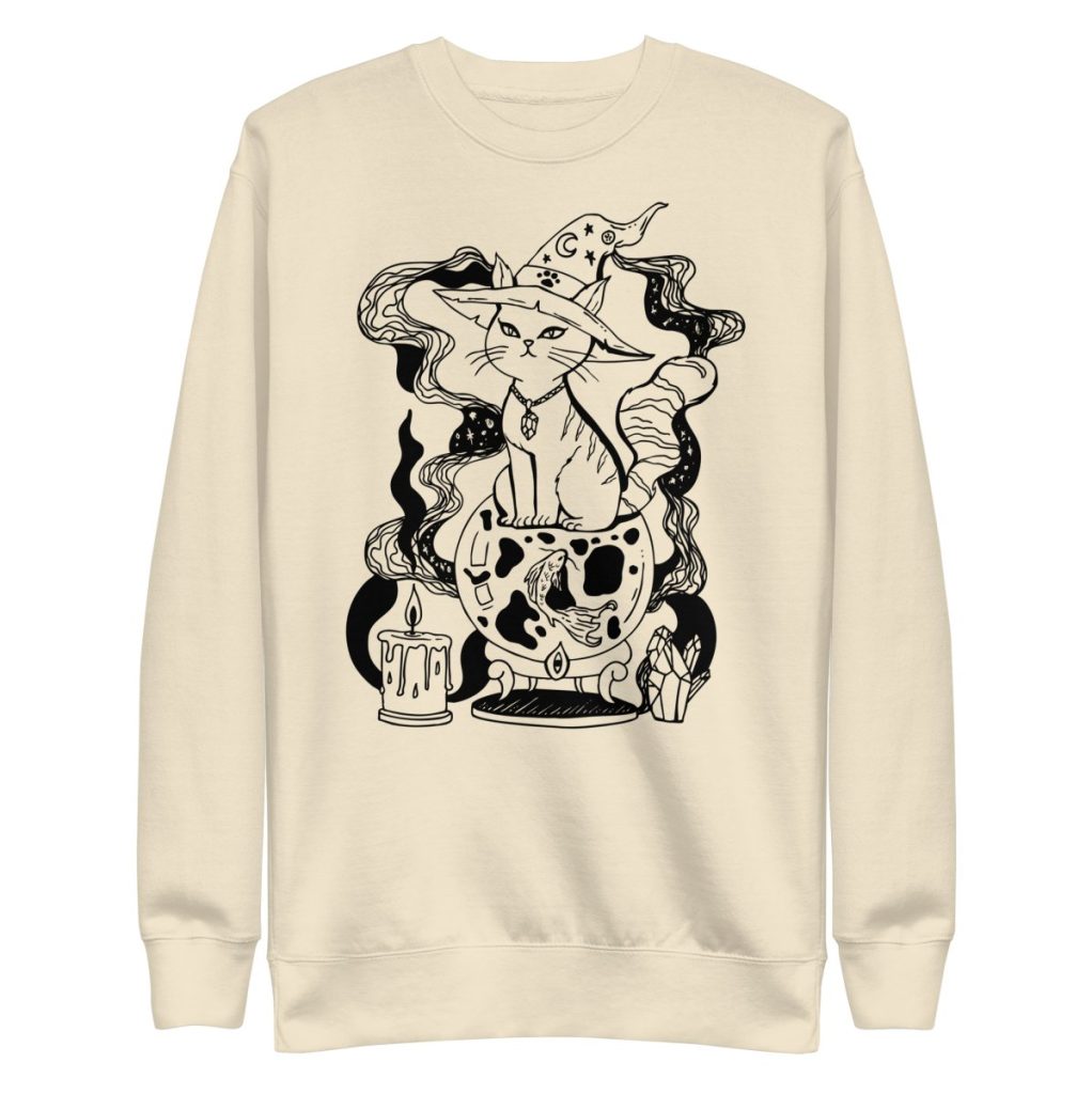 Whimsical cat sweatshirts for cat moms featuring a magical fortune cat design