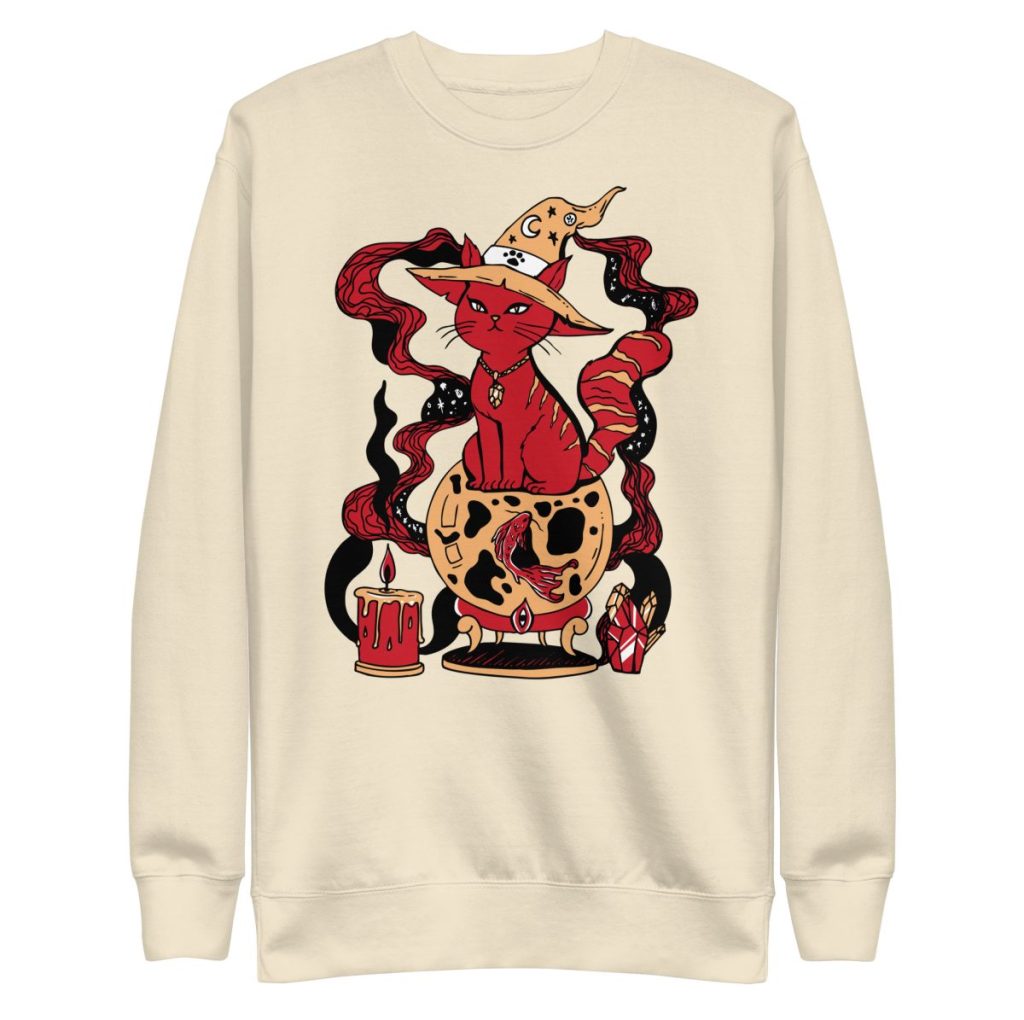 Bold red crewneck cat sweatshirt adorned with a magical fortune cat art design