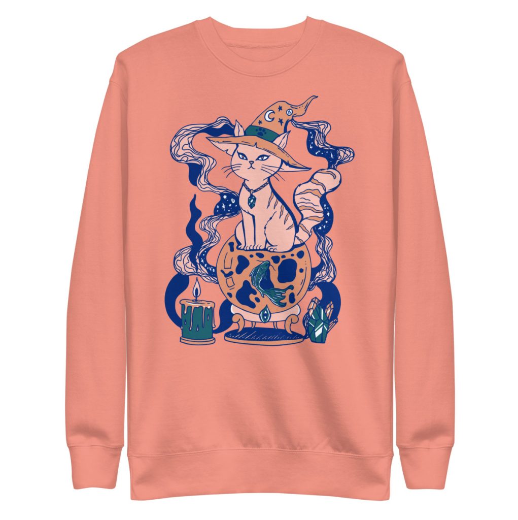 Soft pink cat sweatshirt with a charming mystical fortune cat printed design