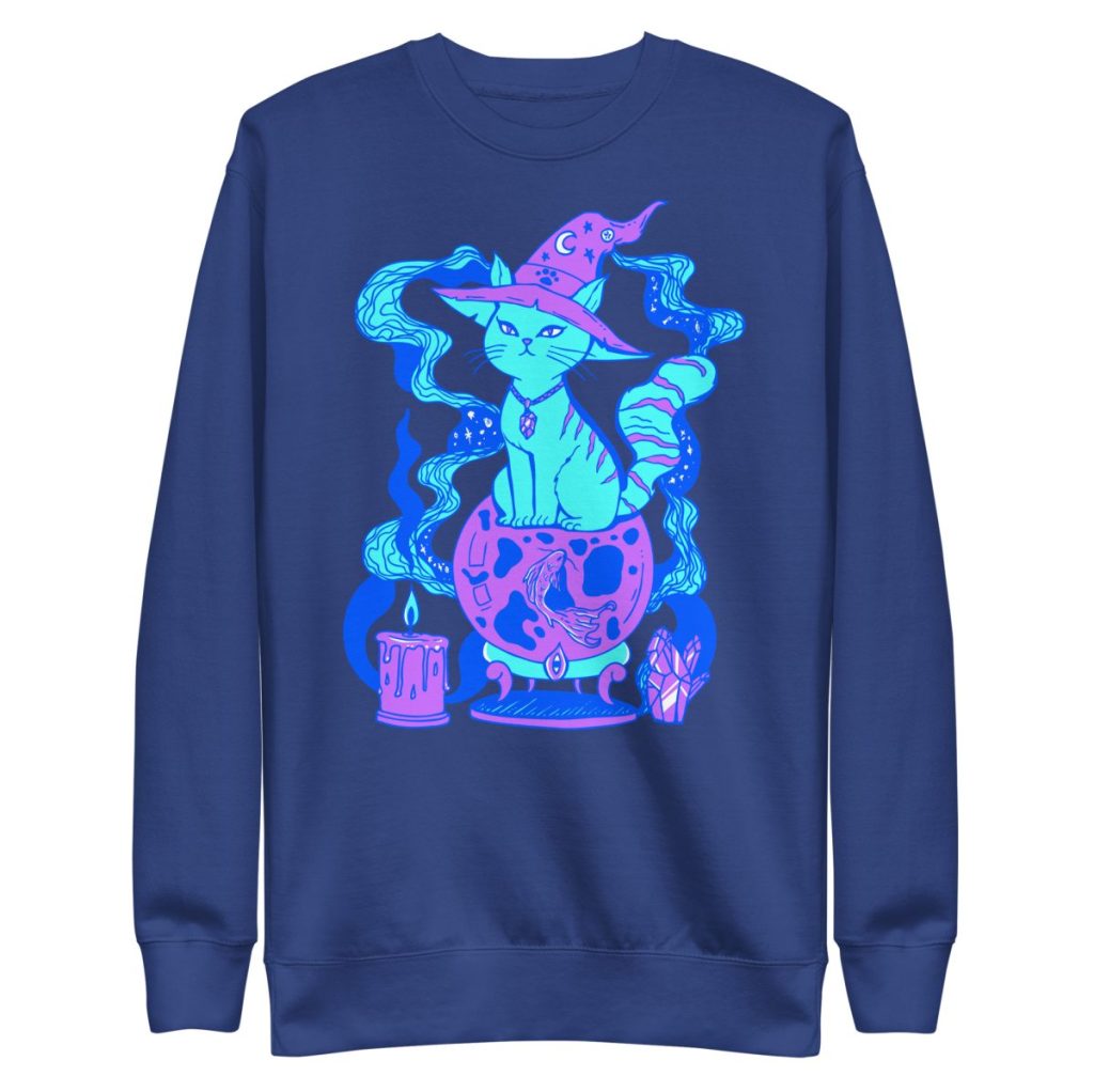 Vibrant blue cat sweatshirt showcasing a colorful magical fortune cat graphic