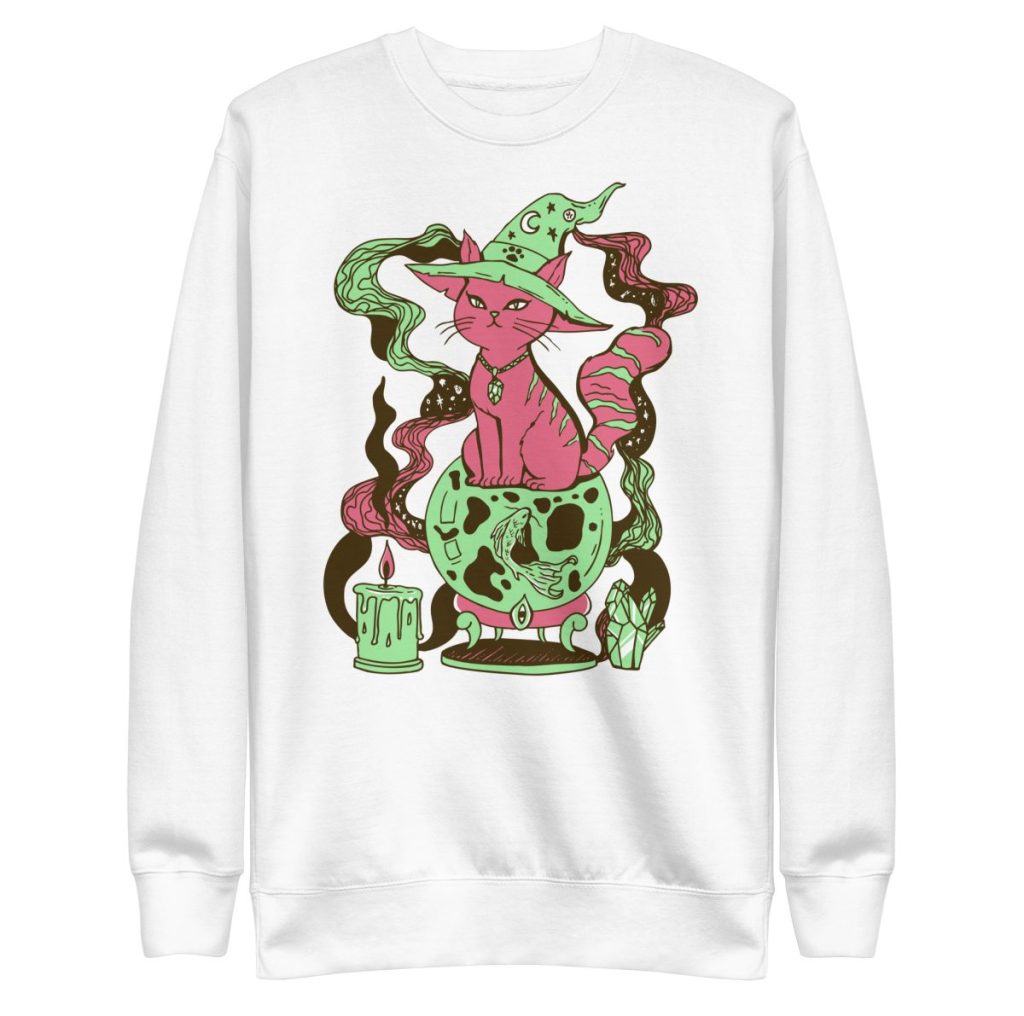 Pink and green cat art crewneck sweatshirt with a mystical fortune cat illustration
