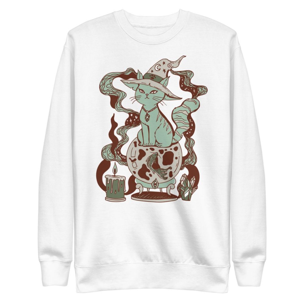 Earthy sage green cat sweatshirts with a magical fortune cat artistic illustration