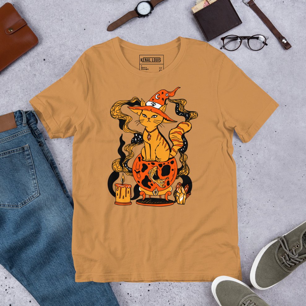 Vibrant orange cat wearing a fortune charm on a magical cat t-shirt