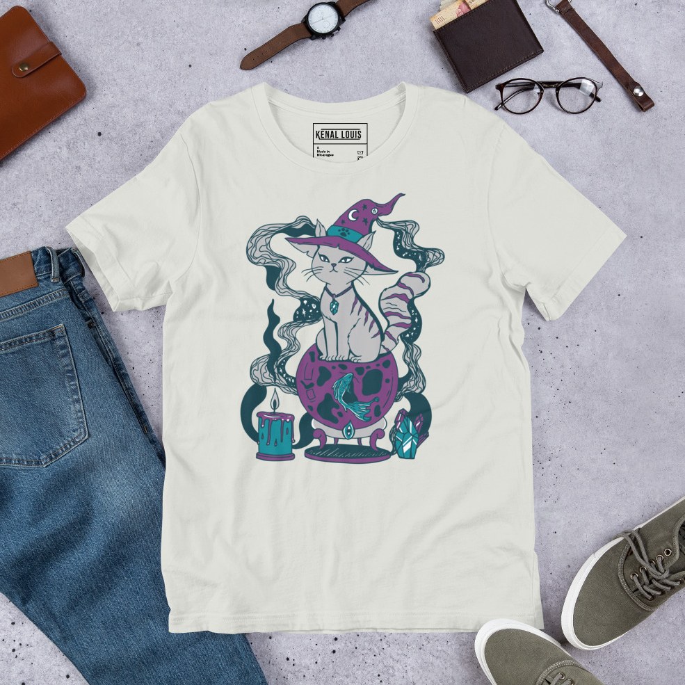 Soft grey cat depicted in a magical fortune pose on a comfortable cotton tee