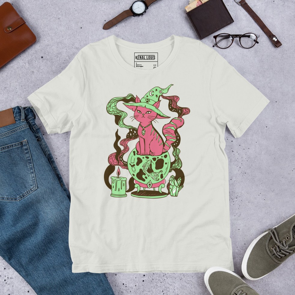 Cream-colored soft cat art tee showcasing a magical fortune feline in elegant style