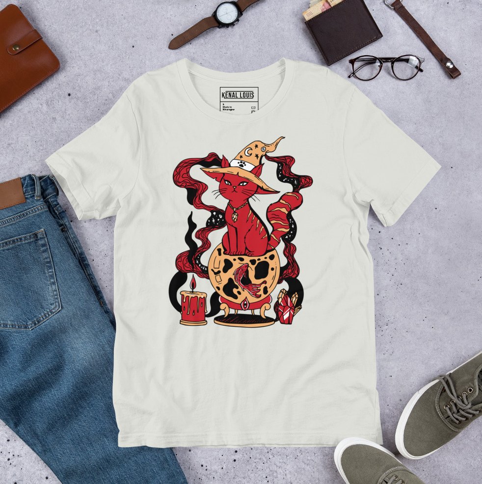 Striking red magical fortune cat graphic tee with bold illustrated feline artwork