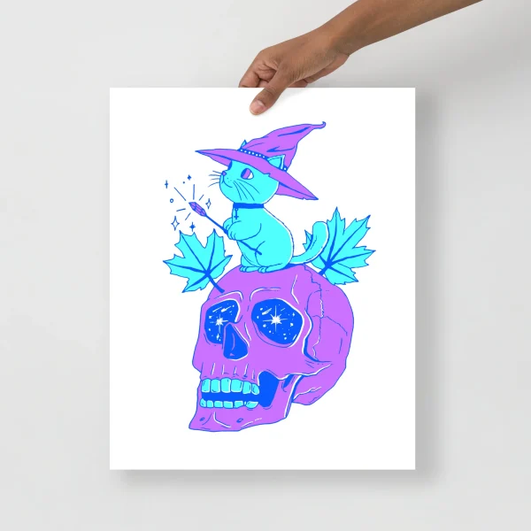 Whimsical cat wall art featuring a magical wizard cat perched on a vibrant blue skull with cyan leaves and starry eyes.