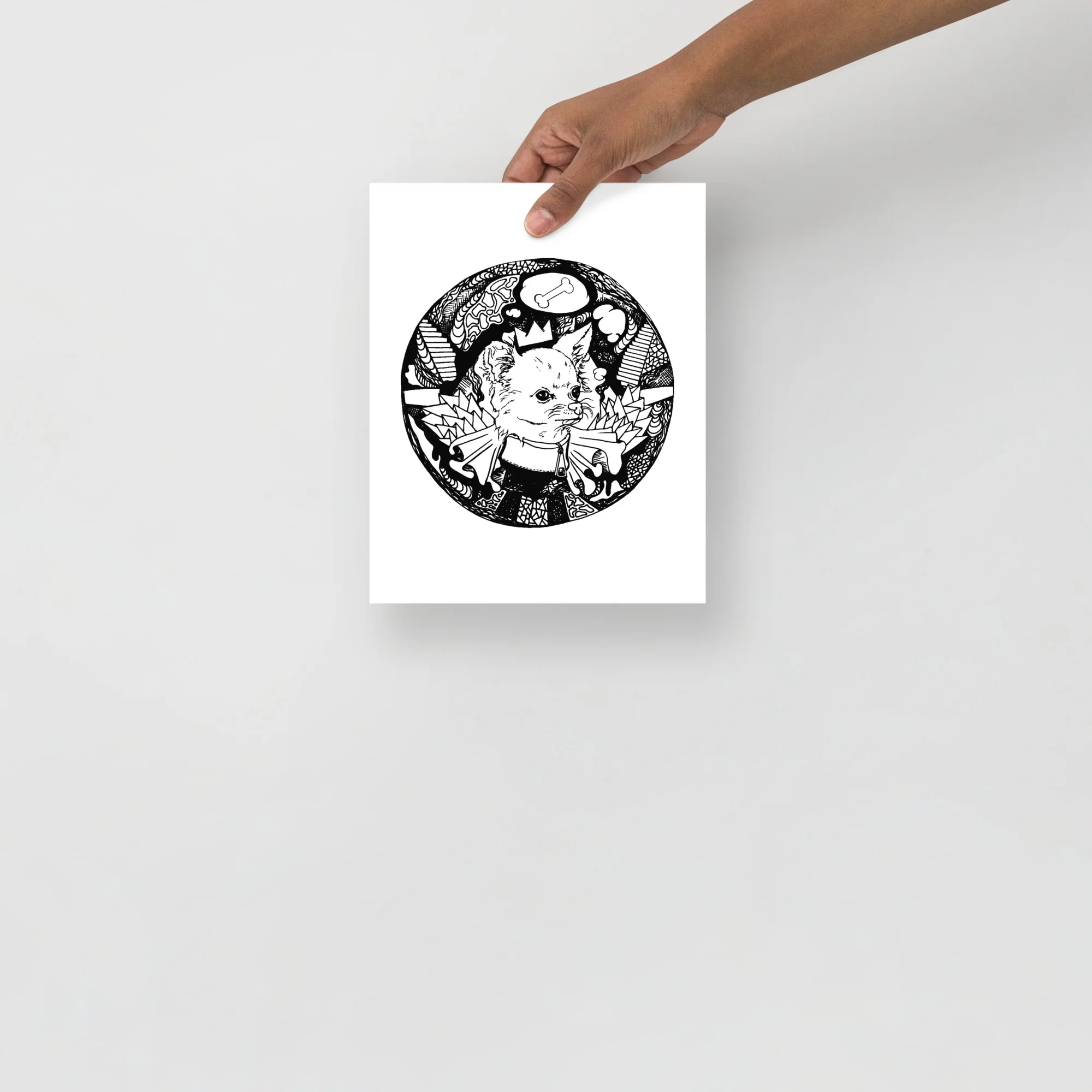 Circular black and white chihuahua art print featuring detailed line work with ornamental border design