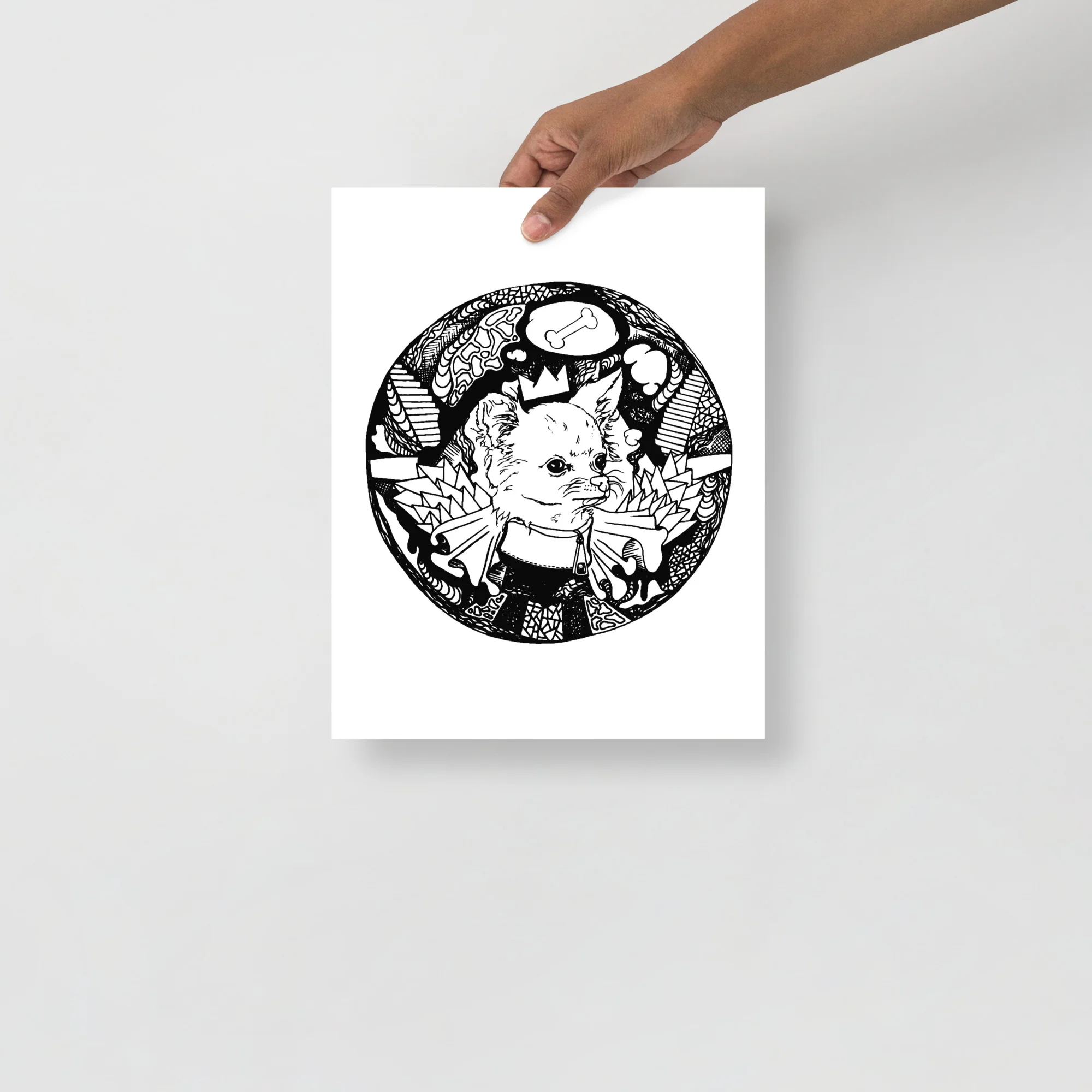 Black and white chihuahua art print featuring a detailed dog illustration in a circular frame with decorative elements