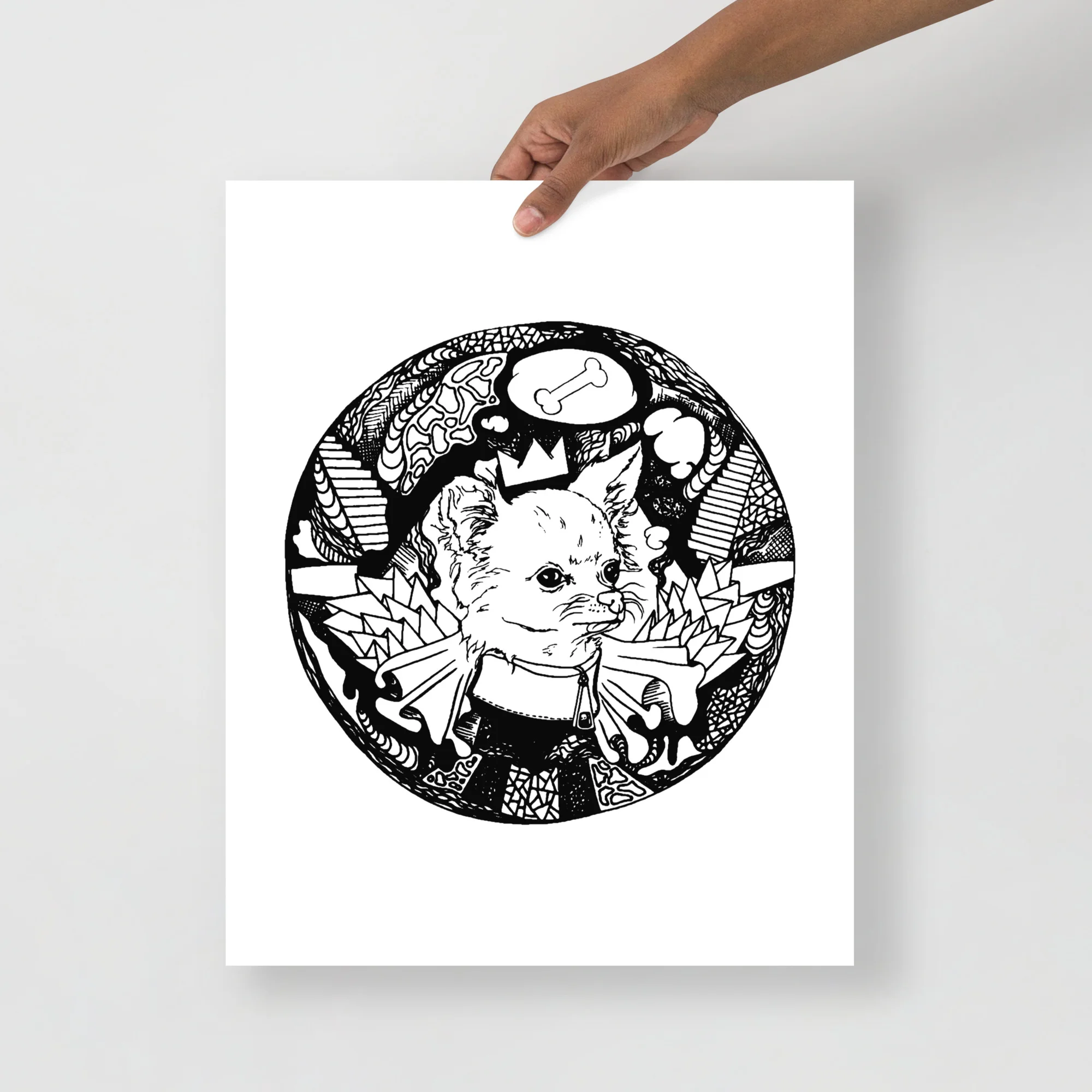 Chihuahua art print featuring a detailed black and white circular dog drawing with intricate patterns and bone motif