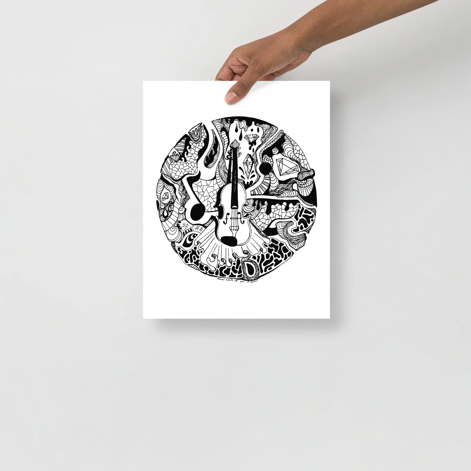 Circle of music wall art print featuring intricate black and white violin design with ornamental patterns in circular composition