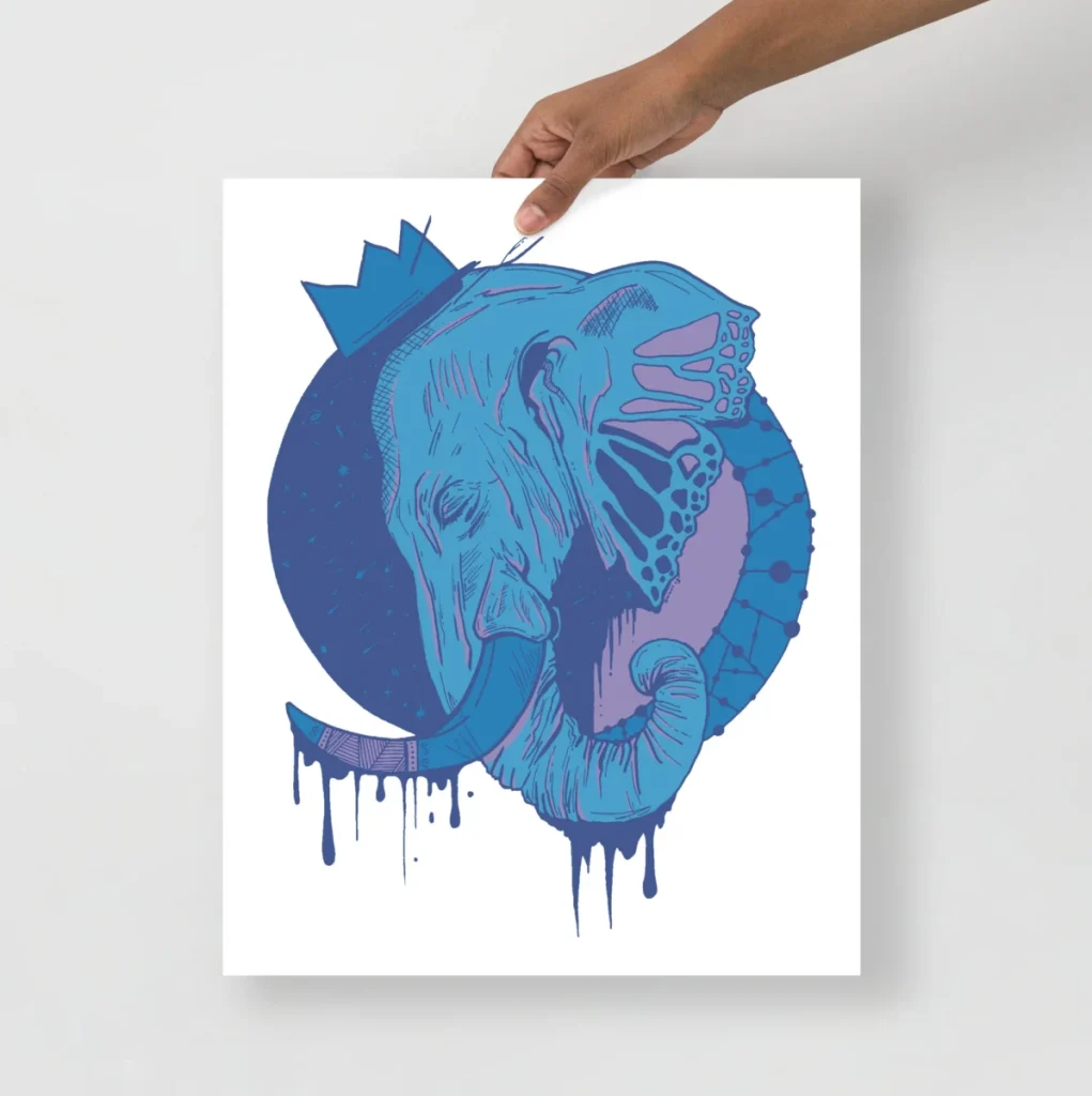Majestic royal elephant rendered in coastal blue art prints style with regal mountain tones