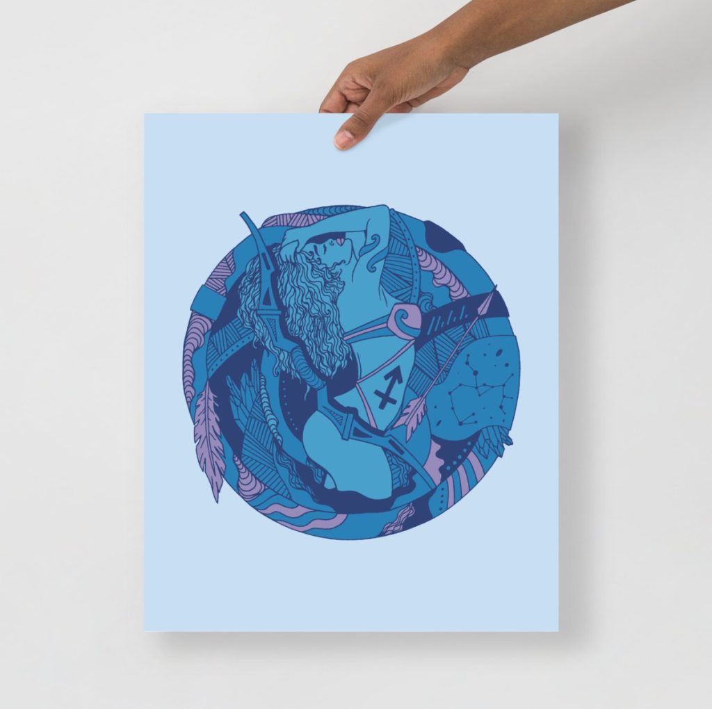 Sagittarius zodiac archer art print in striking deep blue celestial wall decor