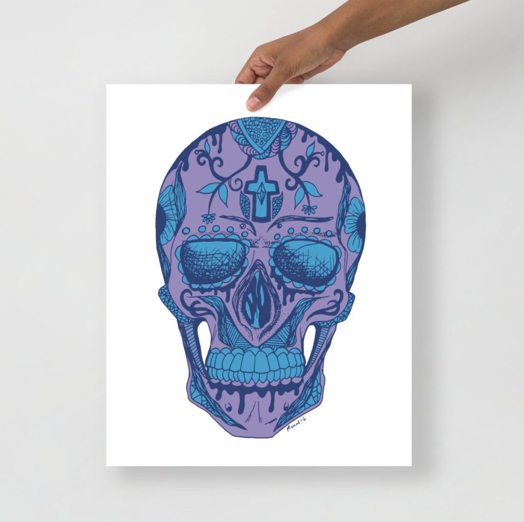 Day of the Dead Los Muertos skull art print in rich mountain blue palette