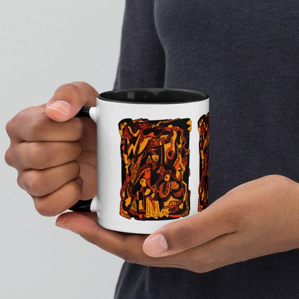 Abstract fall drinkware mug with bold orange and black swirling artistic patterns