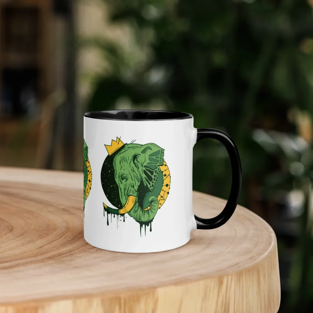 Forest green elephant art mug with royal illustrative style for nature-inspired drinkware