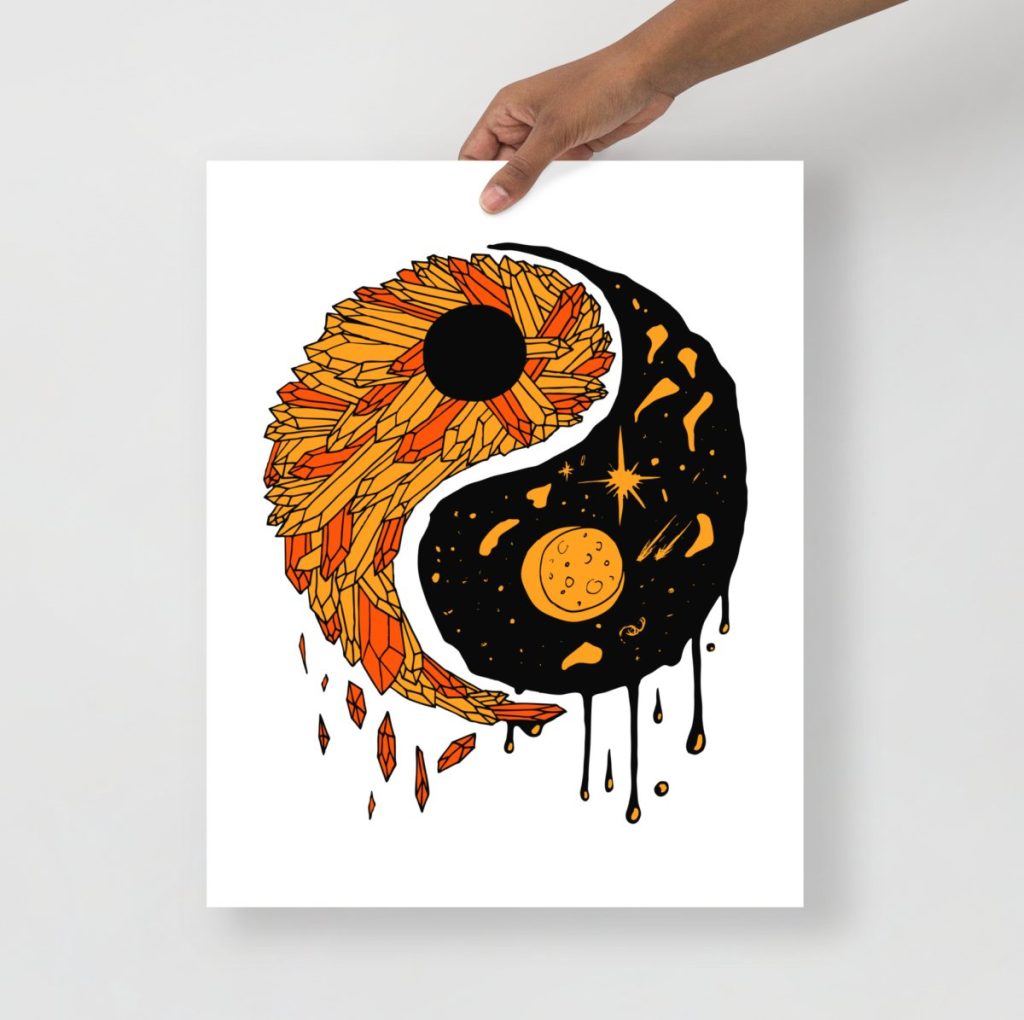 Bold orange and black yin yang design with cosmic constellation art accents