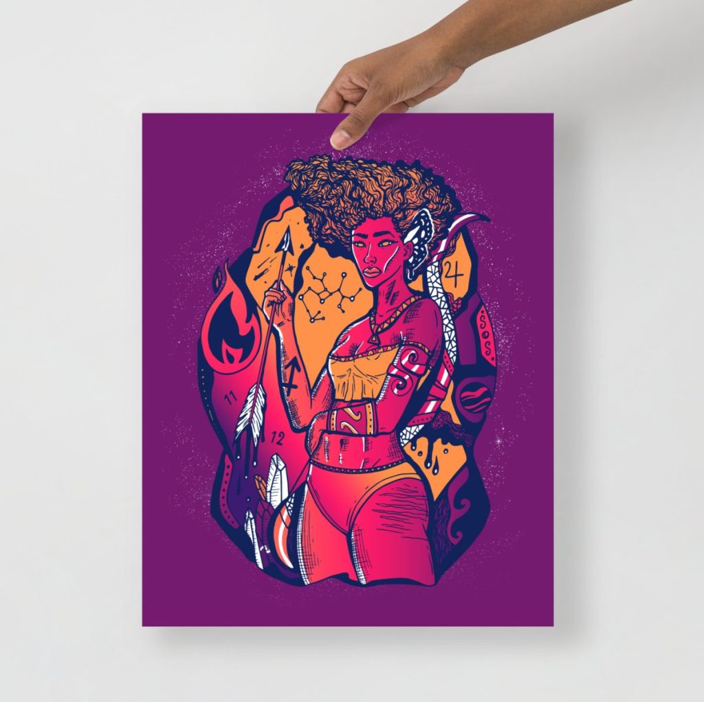 Sagittarius goddess surrounded by glowing zodiac constellation art elements