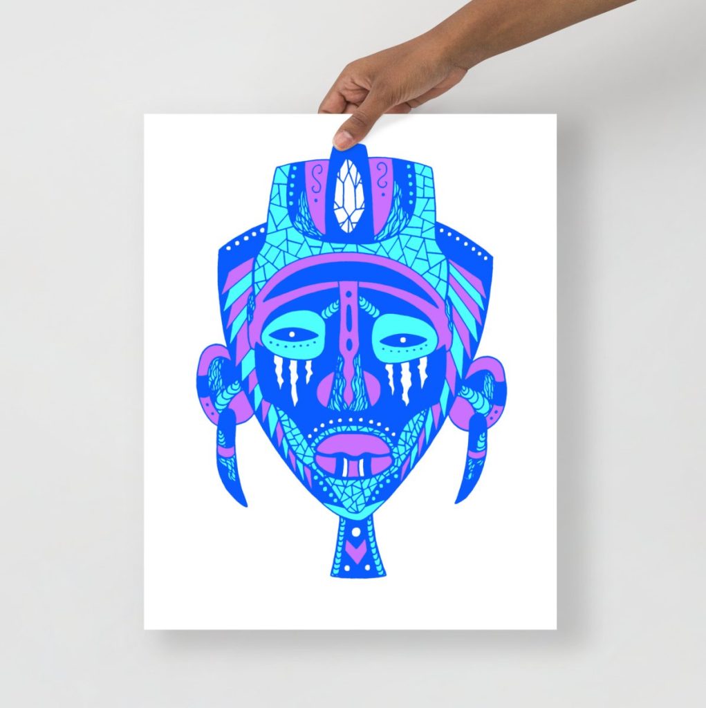 Museum-quality blue abstract mask print celebrating the richness of african artistic heritage