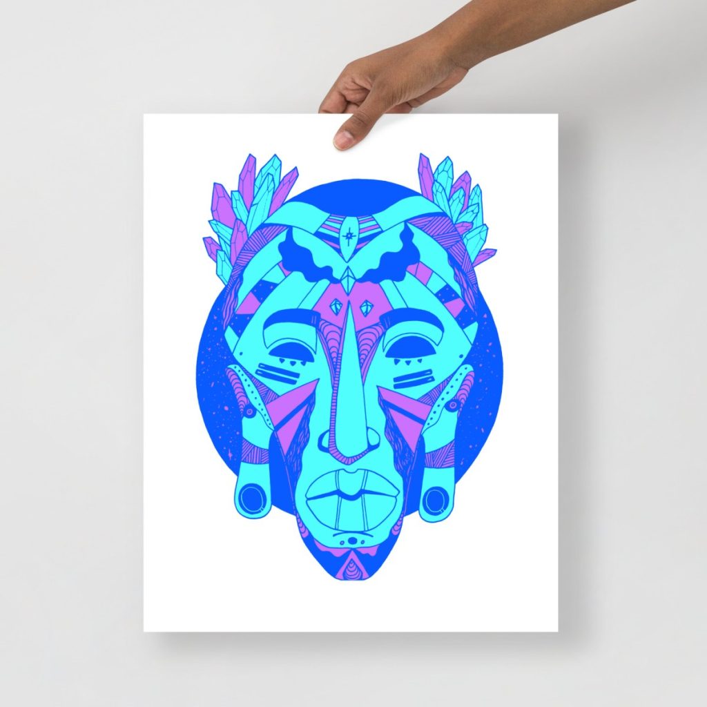 Blue minimalist african mask print featuring graceful linework and understated contemporary expression