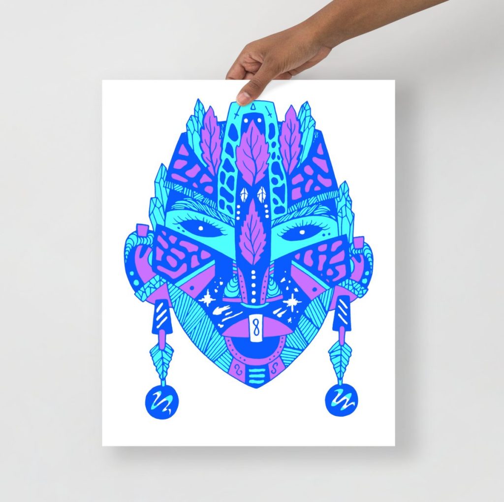 Bold blue abstract mask artwork bringing striking modern african wall decor to any space