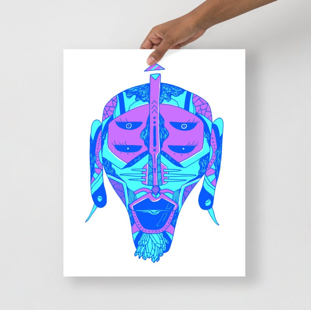 Matte paper blue african mask print blending abstract shapes with vivid contemporary style