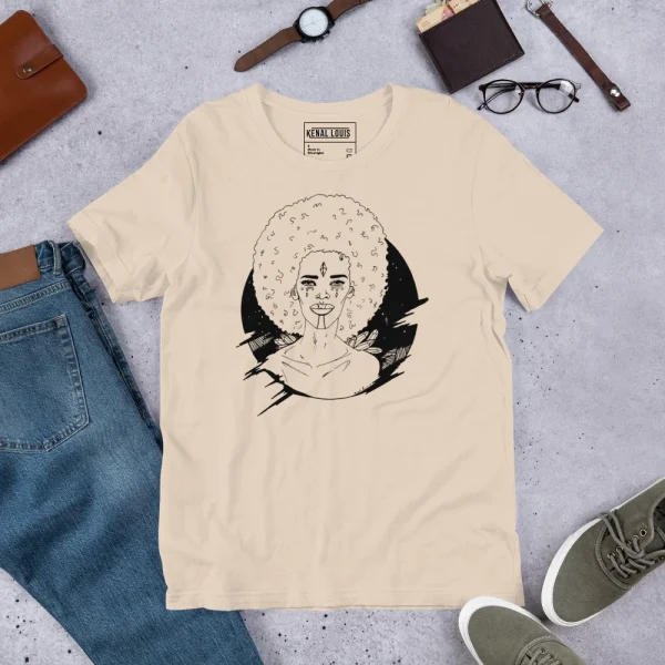 Cream cosmic afro eve t-shirt featuring black line art portrait of woman with voluminous afro and cosmic elements