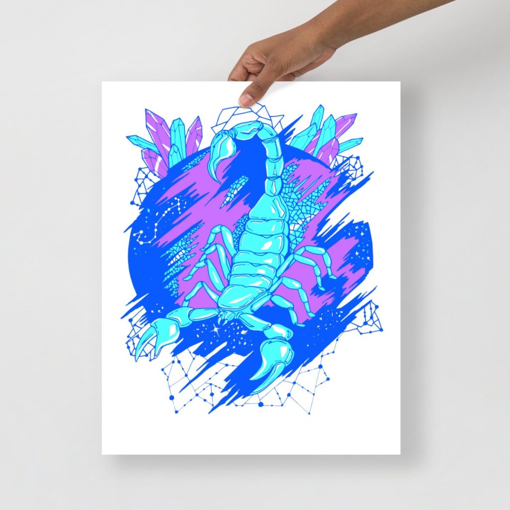 Striking blue scorpion rendered in celestial cosmic and celestial art style print