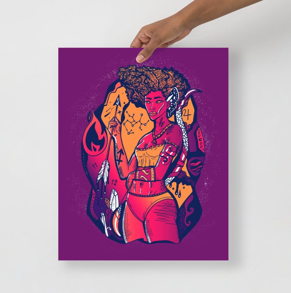 Goddess archer Sagittarius depicted in bold celestial zodiac cosmic art print style