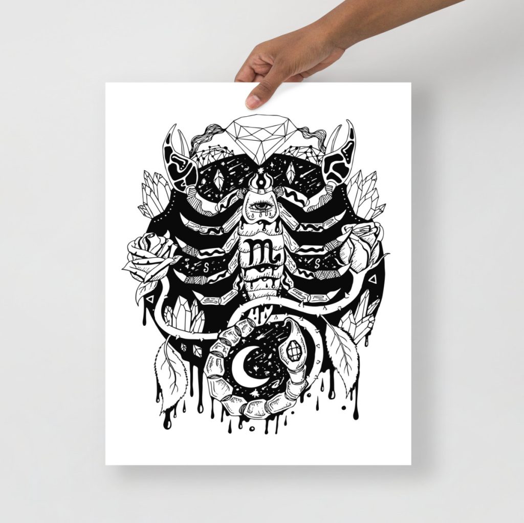 Scorpio mystic figure rendered in dramatic deep-toned cosmic celestial art print palette