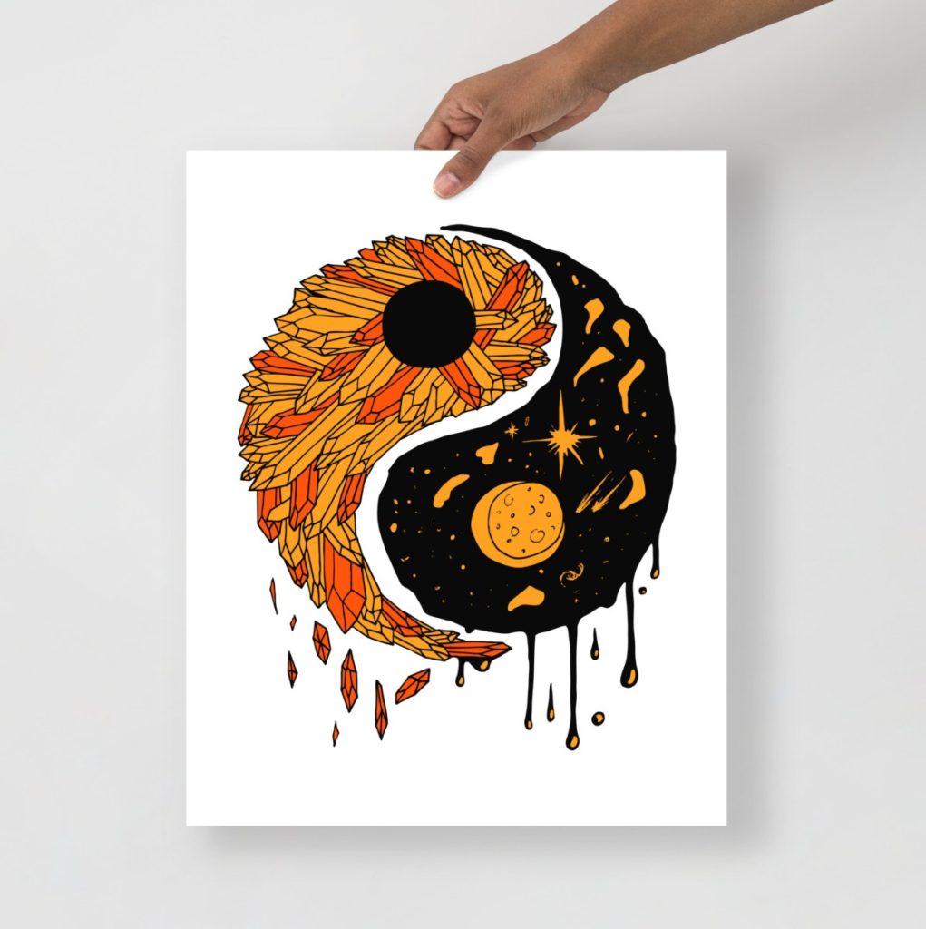 Orange and black yin yang design featuring striking celestial cosmic art print contrast