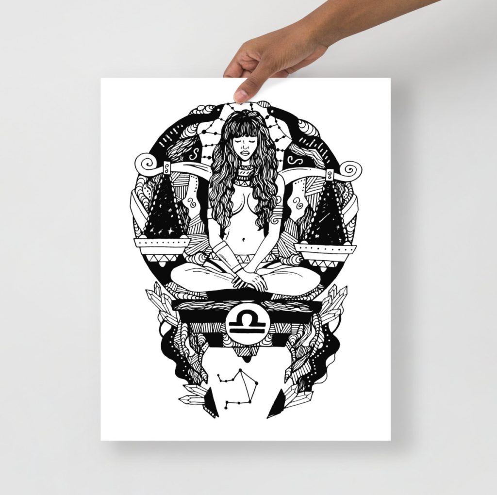 Libra feminine figure balanced among stars in cosmic celestial art prints collection