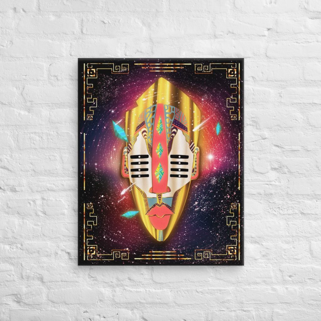 Retro gold African mask No 21 radiating celestial cosmic canvas wall art energy