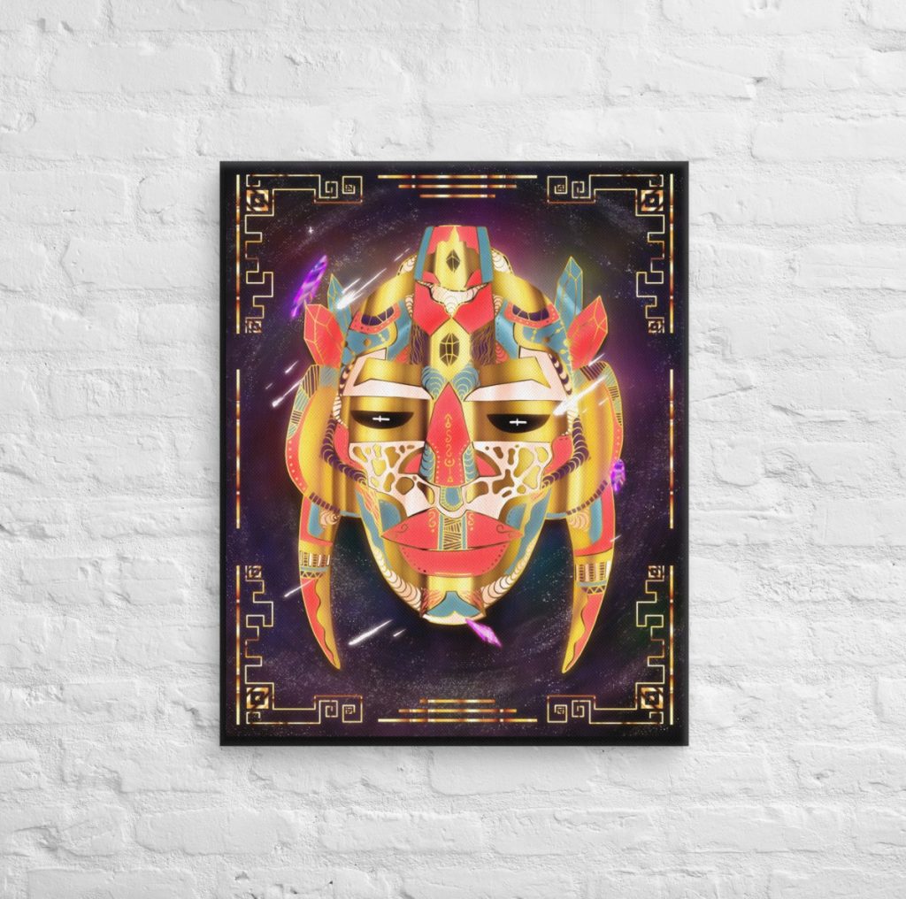Ornate retro gold African mask No 38 displayed as vivid cosmic celestial canvas wall art