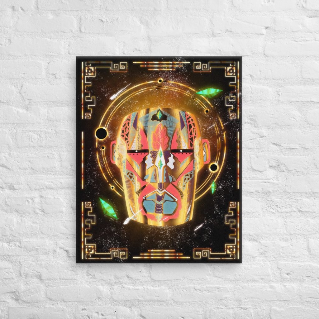 Geometric retro gold African mask No 34 glowing as cosmic celestial canvas wall art