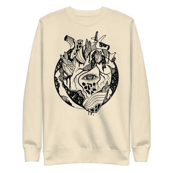 Cream cosmic heart sweatshirt featuring intricate black hand-drawn celestial and nature design on crewneck fleece