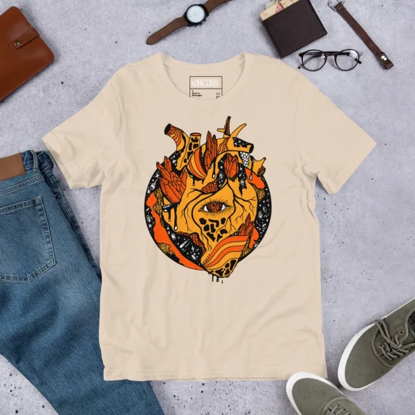Cream cosmic heart t-shirt with orange and black celestial graphic design displayed flat lay