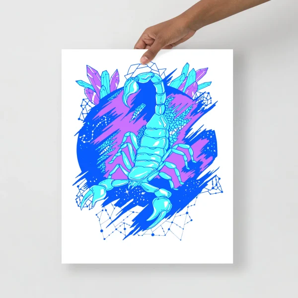 Blue cosmic scorpion art print with cyan and magenta neon colors, crystalline elements and abstract geometric shapes on white background