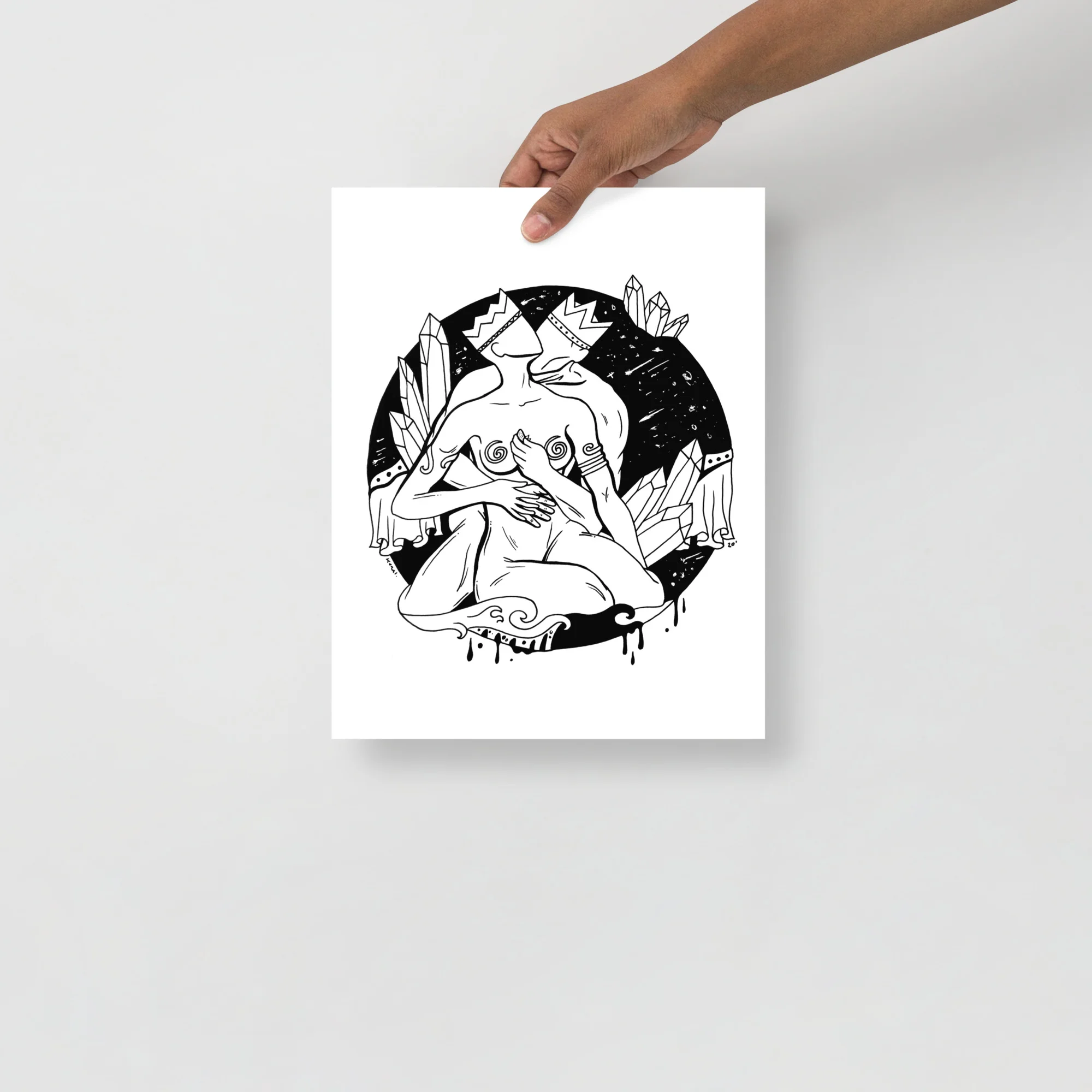 Couple wall art print featuring two intertwined figures in black pen and ink with cosmic elements and crystals.