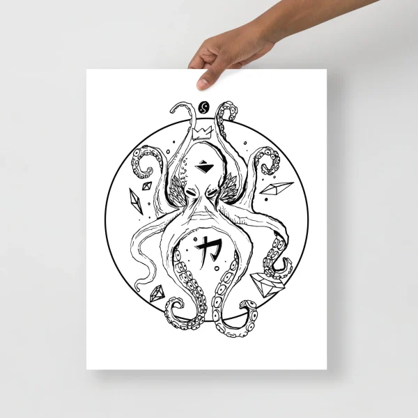 Creative octopus artwork featuring a crowned octopus with detailed tentacles in black line drawing style within a circular frame