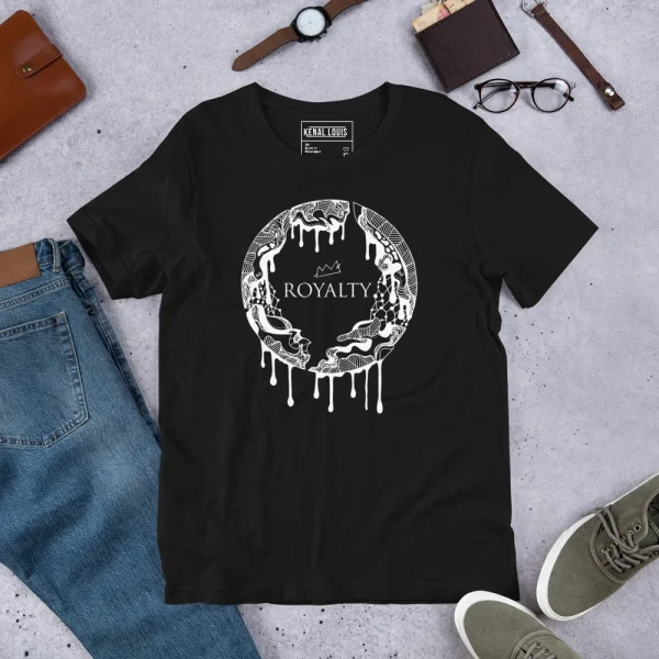 Black crown drip t-shirt featuring abstract white line art with royalty circle design and dripping effect