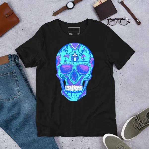 Black day of the dead skull t-shirt featuring vibrant blue and purple neon folk art design with ornate details
