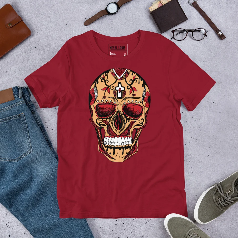 Royal red day of the dead skull t-shirt featuring detailed sugar skull design with cross and decorative patterns