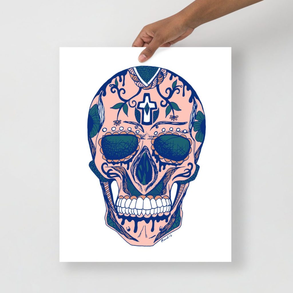 Softly decorated pink skull day of the dead art print with delicate feminine patterns