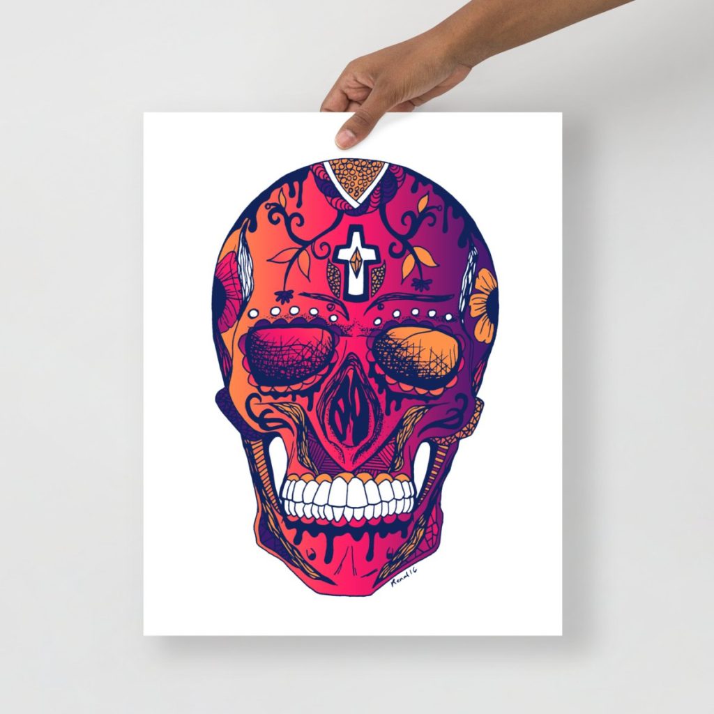 Warm sunset-toned Los Muertos skull art print with rich orange and golden hues