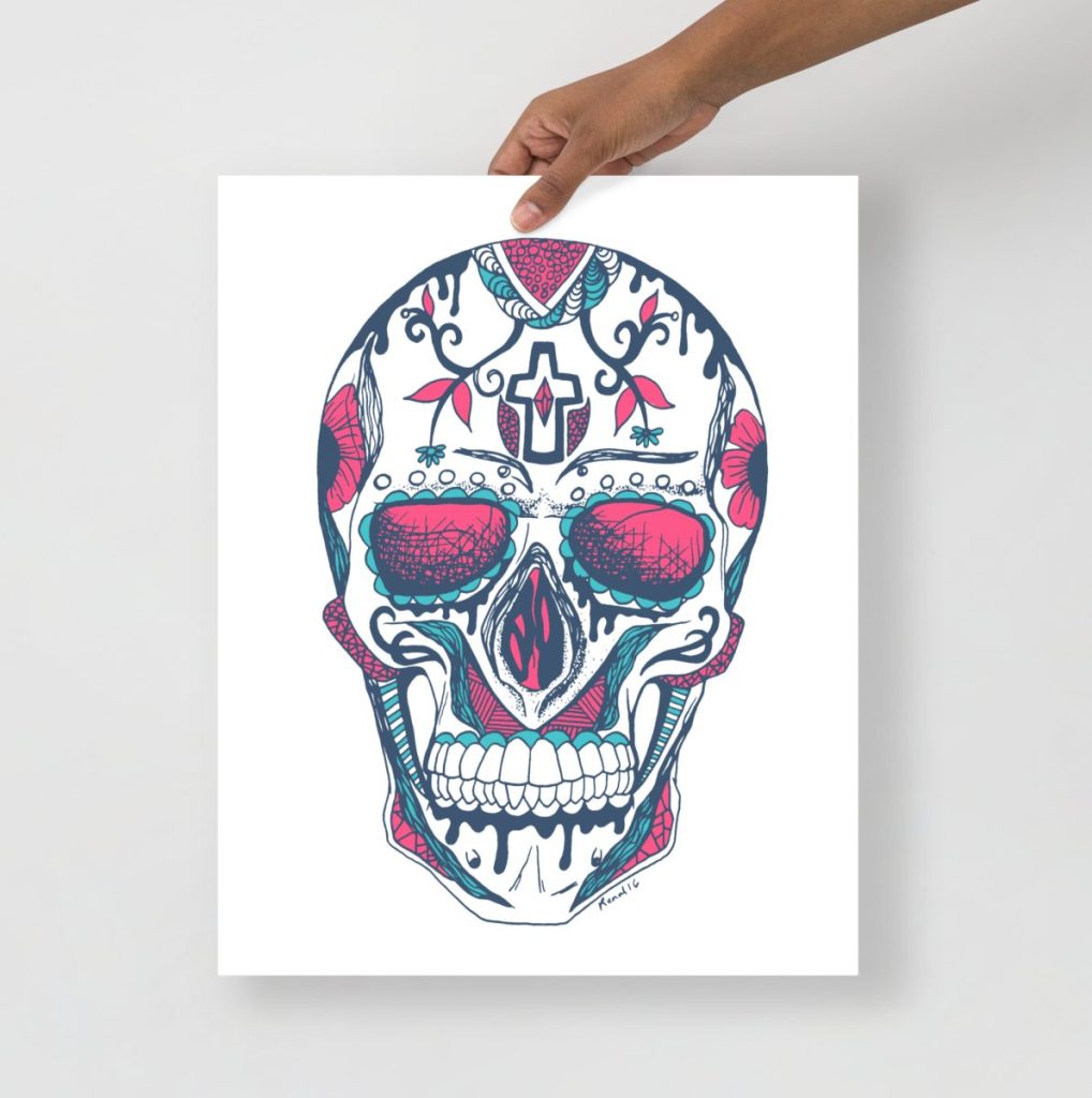Elegant white rose Los Muertos skull art print with soft botanical decorative accents