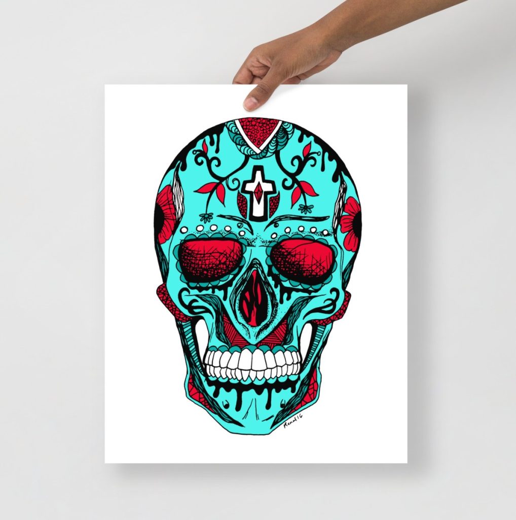 Striking turquoise and red day of the dead skull art print with intricate floral detailing